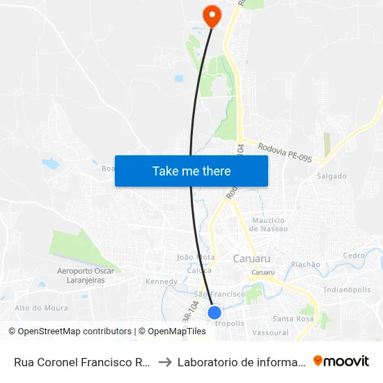 Rua Coronel Francisco Rodrigues Porto 65 to Laboratorio de informatica - UFPE /CAA map