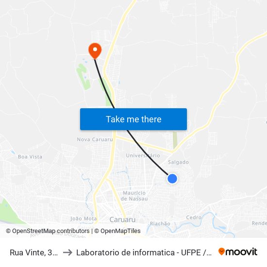 Rua Vinte, 345 to Laboratorio de informatica - UFPE /CAA map