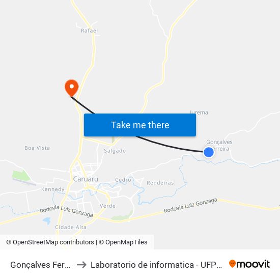 Gonçalves Ferreira to Laboratorio de informatica - UFPE /CAA map