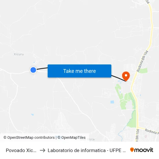 Povoado Xicuru to Laboratorio de informatica - UFPE /CAA map