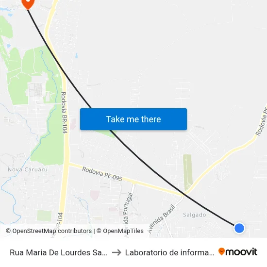 Rua Maria De Lourdes Sampaio Carneiro 21 to Laboratorio de informatica - UFPE /CAA map