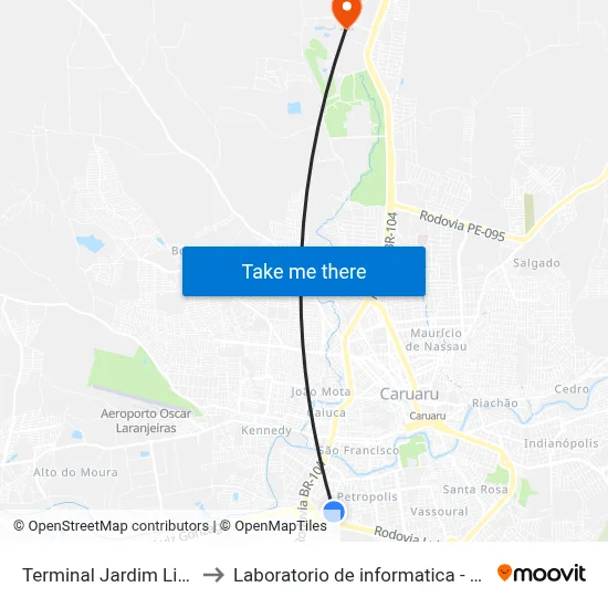 Terminal Jardim Liberdade to Laboratorio de informatica - UFPE /CAA map