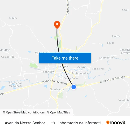 Avenida Nossa Senhora Aparecida 90 to Laboratorio de informatica - UFPE /CAA map