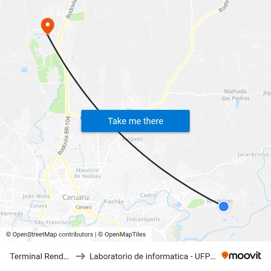 Terminal Rendeiras to Laboratorio de informatica - UFPE /CAA map