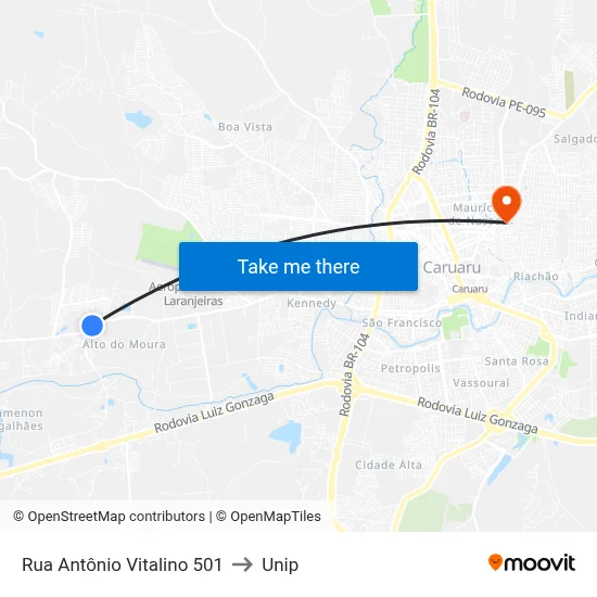 Rua Antônio Vitalino 501 to Unip map
