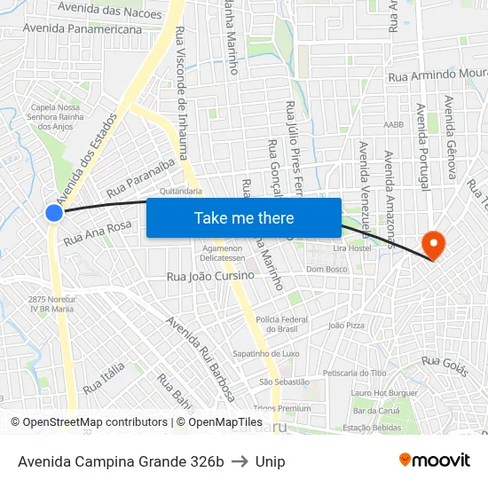 Avenida Campina Grande 326b to Unip map