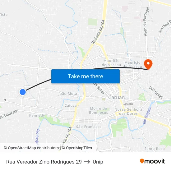 Rua Vereador Zino Rodrigues 29 to Unip map