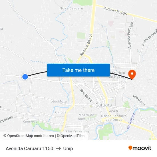 Avenida Caruaru 1150 to Unip map