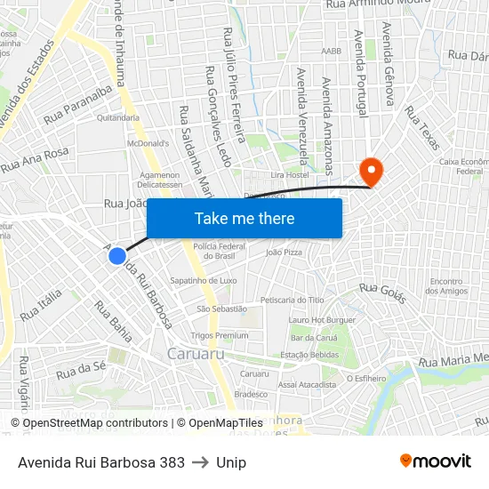 Avenida Rui Barbosa 383 to Unip map