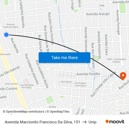 Avenida Marcionilo Francisco Da Silva, 151 to Unip map