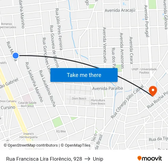 Rua Francisca Líra Florêncio, 928 to Unip map