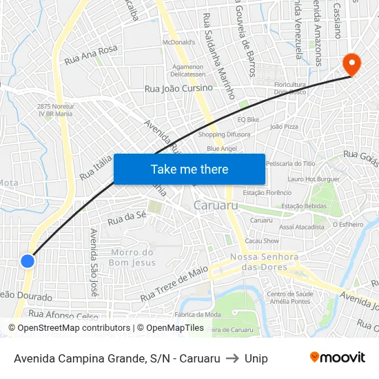 Avenida Campina Grande, S/N - Caruaru to Unip map