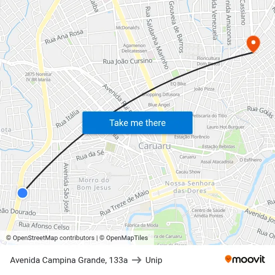 Avenida Campina Grande, 133a to Unip map