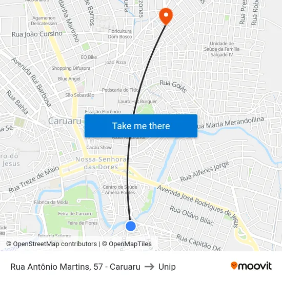 Rua Antônio Martins, 57 - Caruaru to Unip map