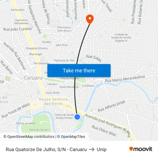 Rua Quatorze De Julho, S/N - Caruaru to Unip map