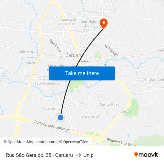 Rua São Geraldo, 25 - Caruaru to Unip map