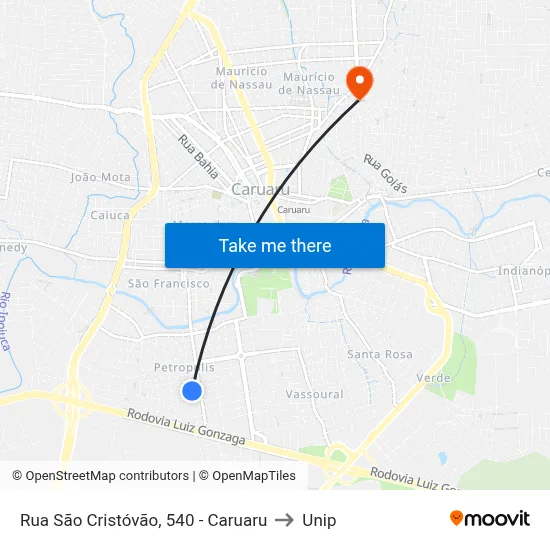 Rua São Cristóvão, 540 - Caruaru to Unip map