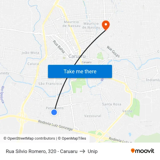 Rua Sílvio Romero, 320 - Caruaru to Unip map
