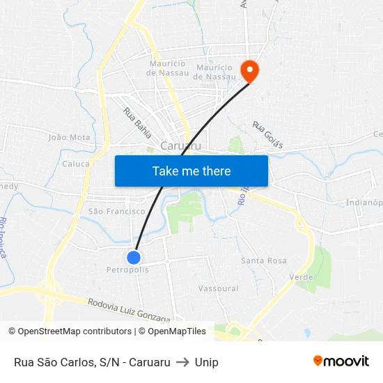 Rua São Carlos, S/N - Caruaru to Unip map