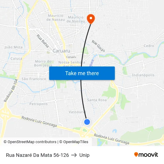 Rua Nazaré Da Mata 56-126 to Unip map