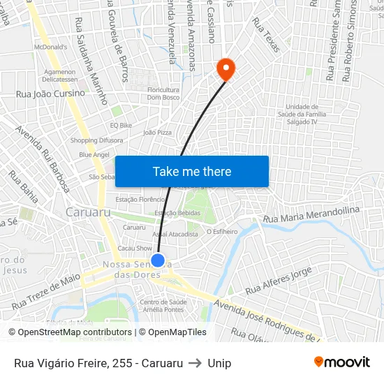 Rua Vigário Freire, 255 - Caruaru to Unip map