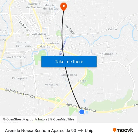 Avenida Nossa Senhora Aparecida 90 to Unip map