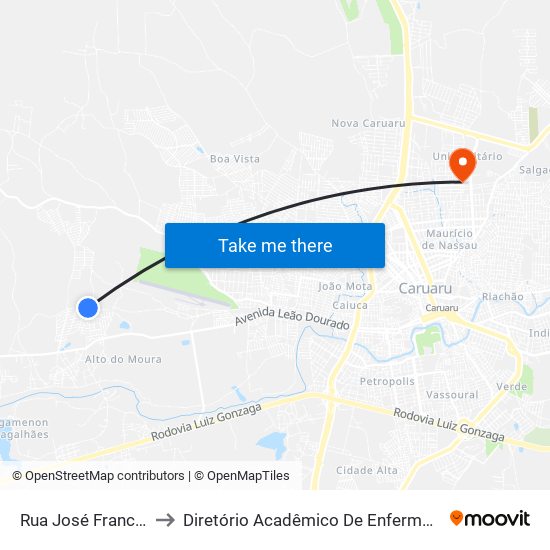 Rua José Francisco De Moura, 99 to Diretório Acadêmico De Enfermagem Irmã Ruth - Faculdade ASCES map