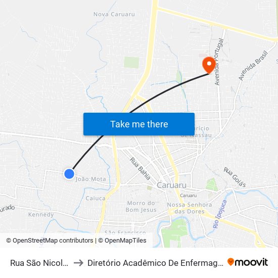 Rua São Nicolau De Mira, 610 to Diretório Acadêmico De Enfermagem Irmã Ruth - Faculdade ASCES map