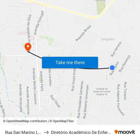 Rua San Marino Lot Monte Carmelo, 101 to Diretório Acadêmico De Enfermagem Irmã Ruth - Faculdade ASCES map