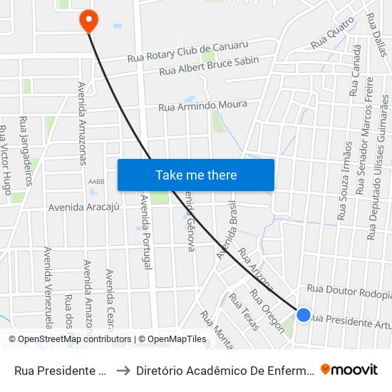 Rua Presidente Artur Bernardes, 110 to Diretório Acadêmico De Enfermagem Irmã Ruth - Faculdade ASCES map