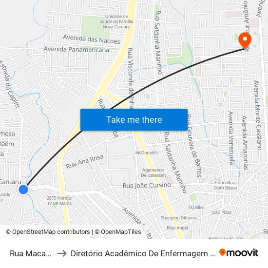 Rua Macaparana, 28 to Diretório Acadêmico De Enfermagem Irmã Ruth - Faculdade ASCES map