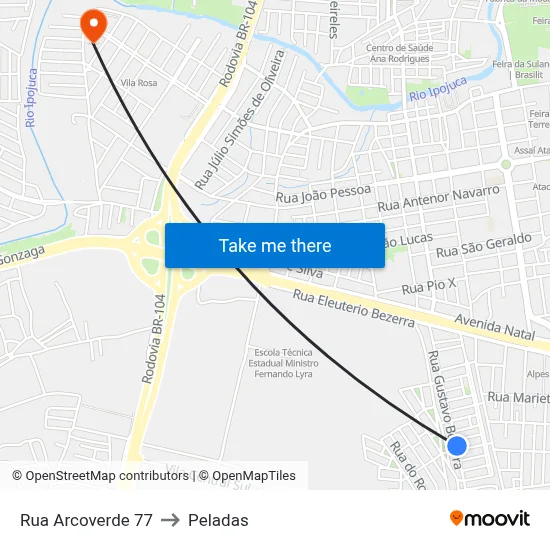 Rua Arcoverde 77 to Peladas map