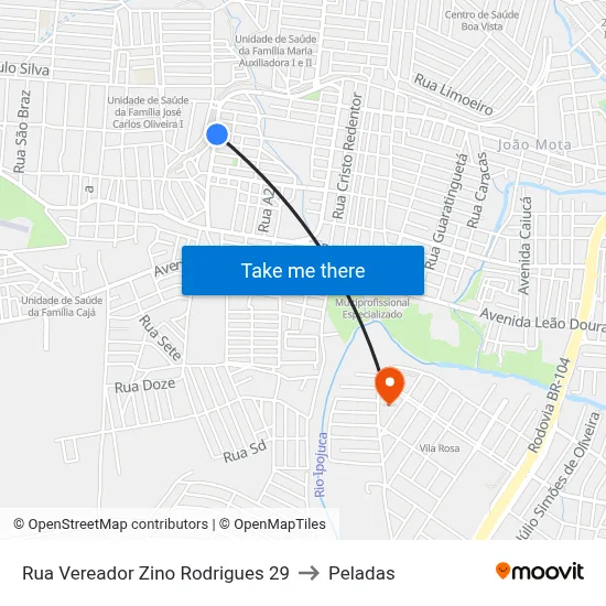 Rua Vereador Zino Rodrigues 29 to Peladas map