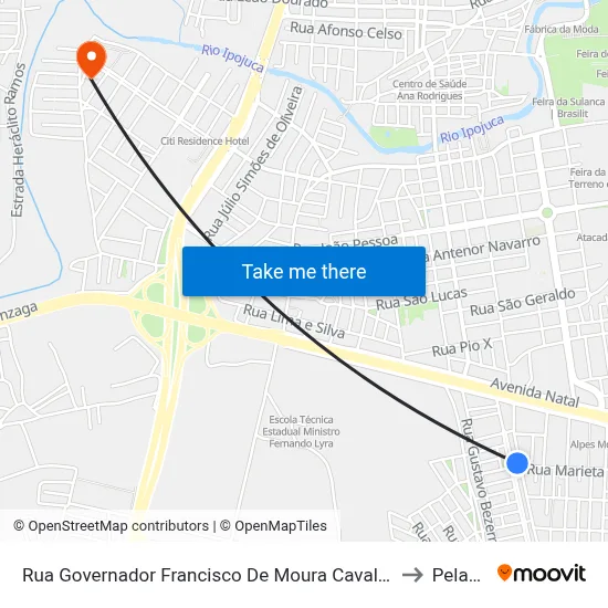 Rua Governador Francisco De Moura Cavalcante 163 to Peladas map