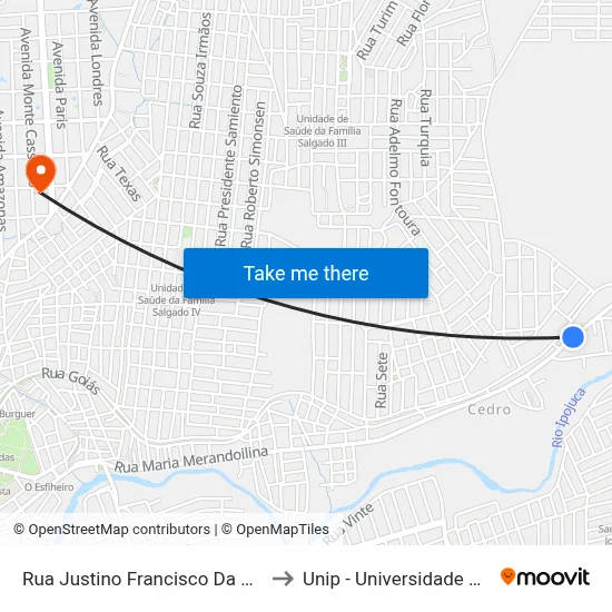 Rua Justino Francisco Da Silva, 878 to Unip - Universidade Paulista map