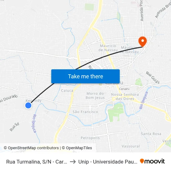 Rua Turmalina, S/N - Caruaru to Unip - Universidade Paulista map
