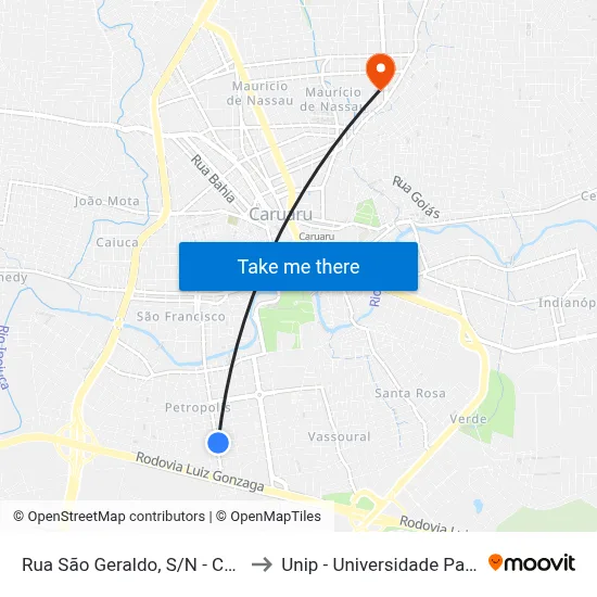 Rua São Geraldo, S/N - Caruaru to Unip - Universidade Paulista map