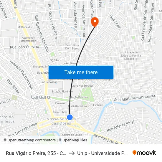 Rua Vigário Freire, 255 - Caruaru to Unip - Universidade Paulista map