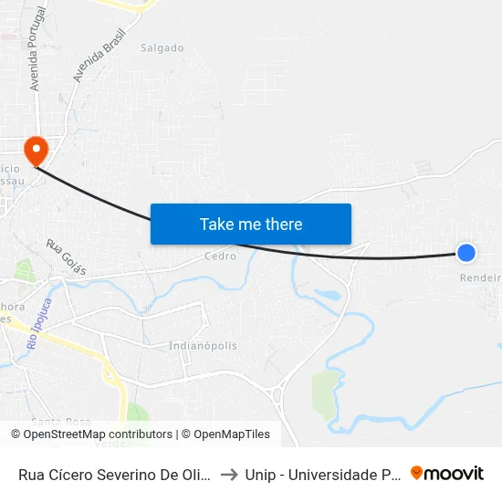 Rua Cícero Severino De Oliveira 99 to Unip - Universidade Paulista map