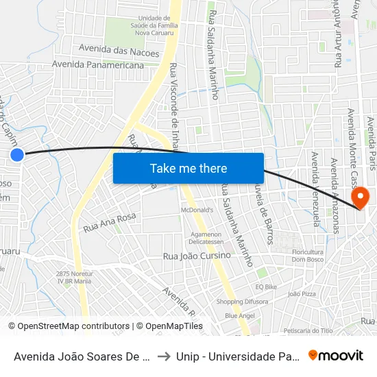 Avenida João Soares De Lira 4 to Unip - Universidade Paulista map
