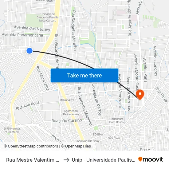 Rua Mestre Valentim 14 to Unip - Universidade Paulista map