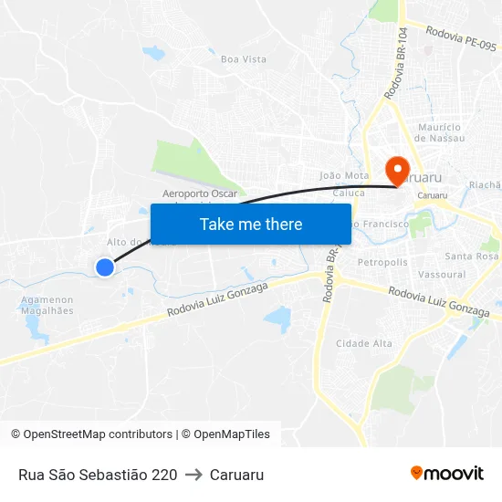 Rua São Sebastião 220 to Caruaru map