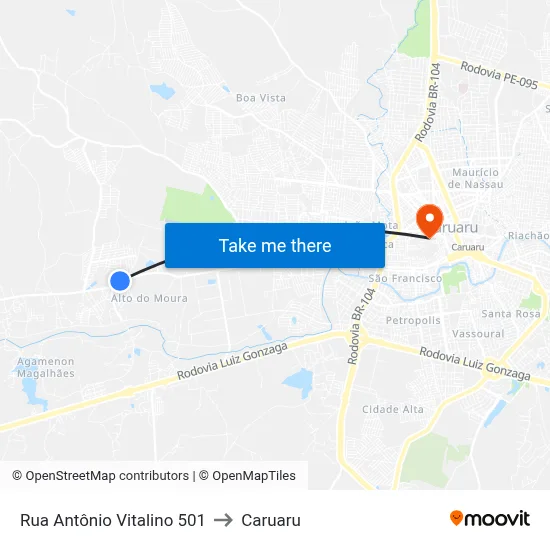 Rua Antônio Vitalino 501 to Caruaru map