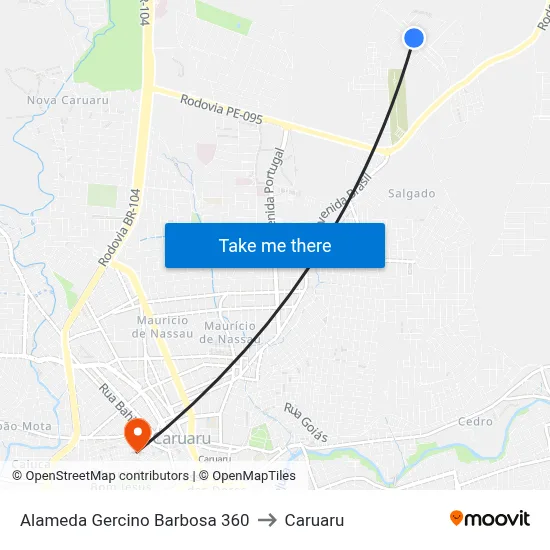 Alameda Gercino Barbosa 360 to Caruaru map