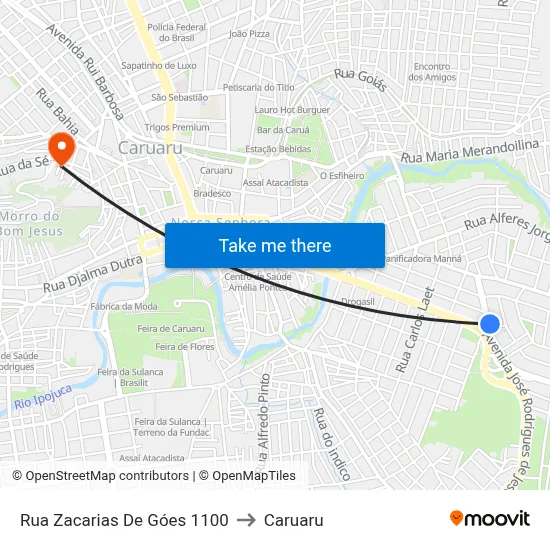 Rua Zacarias De Góes 1100 to Caruaru map
