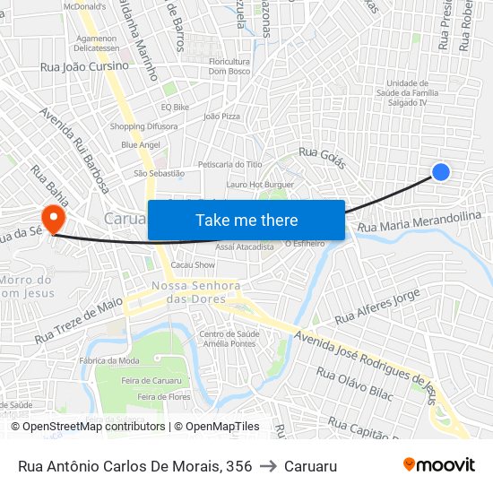 Rua Antônio Carlos De Morais, 356 to Caruaru map