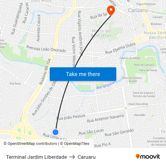 Terminal Jardim Liberdade to Caruaru map