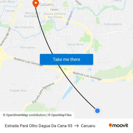 Estrada Pará Olho Dagua Da Cana 93 to Caruaru map