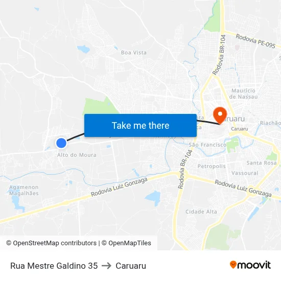 Rua Mestre Galdino 35 to Caruaru map