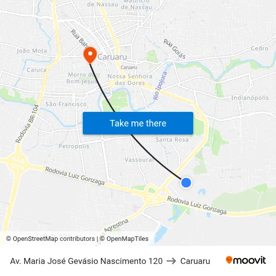 Av. Maria José Gevásio Nascimento 120 to Caruaru map
